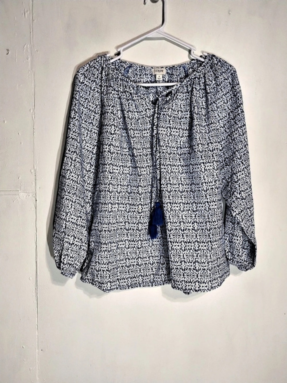 J.Crew Blue and White Printed Tassel Peasant Blouse Blue & White Printed Tassel